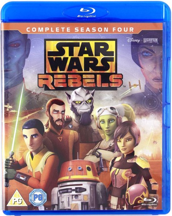 Voorzijde van Star Wars Rebels: Complete Seizoen Vier Blu-ray met de Ghost crew en droid.