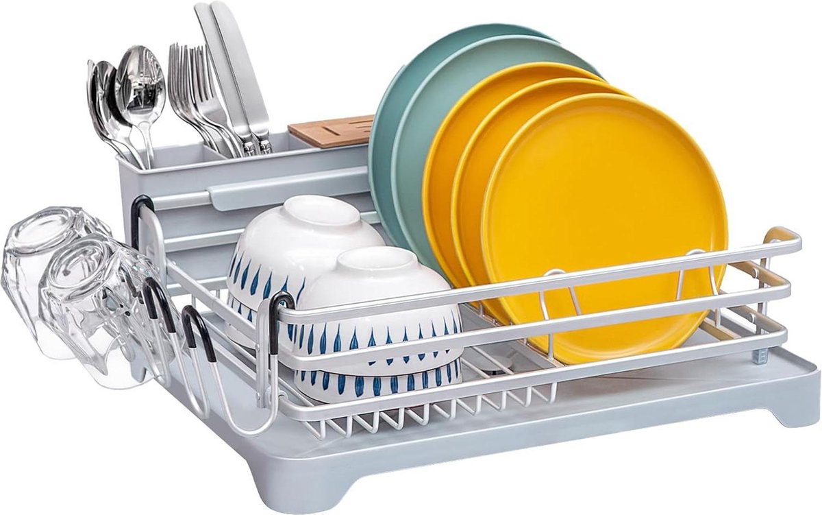 Goedkoopste Aluminium afdruiprek met afneembare bestekhouder en bekerhouder - 360 graden draaibare uitloop - grijs afdruiprek met lekbak inklapbaar