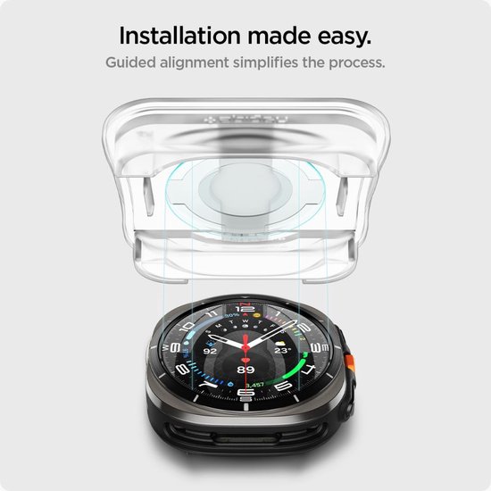 Smartwatch met oranje bandje en transparante installatiehulp.