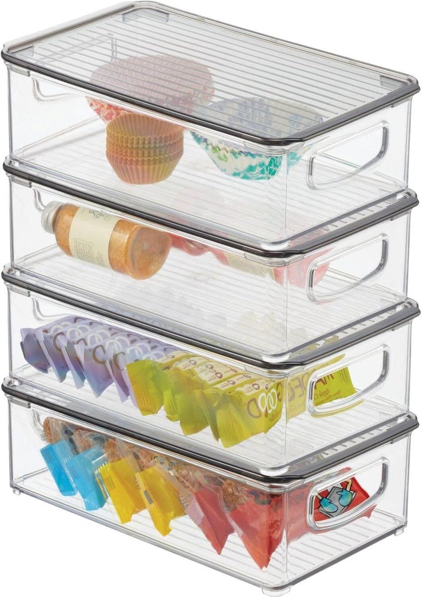 Opbergdoos met handgrepen en deksel - praktische bewaardoos van kunststof - make-up doos badkamer - set van 4 - transparant rookgrijs