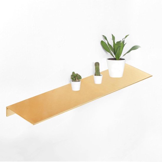 Gouden wandplank met twee kleine cactussen en één grotere plant in witte potjes.