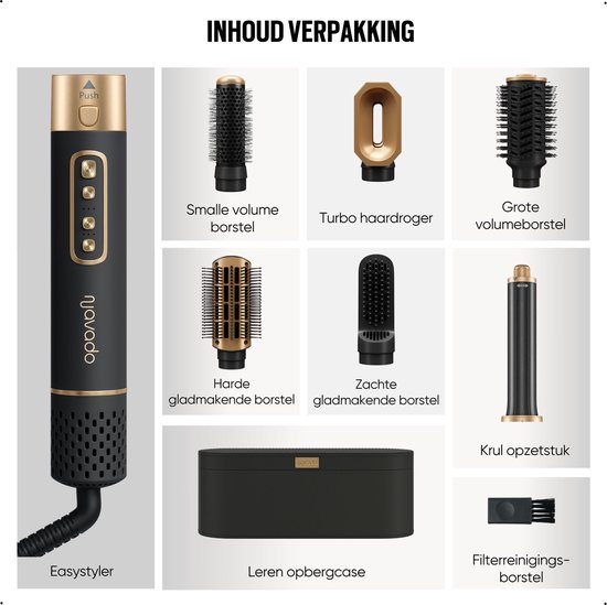 Inhoud van de verpakking van de Navado Easystyler Pro: haardroger, 5 opzetstukken, opbergkoffer en filterreinigingsborstel.