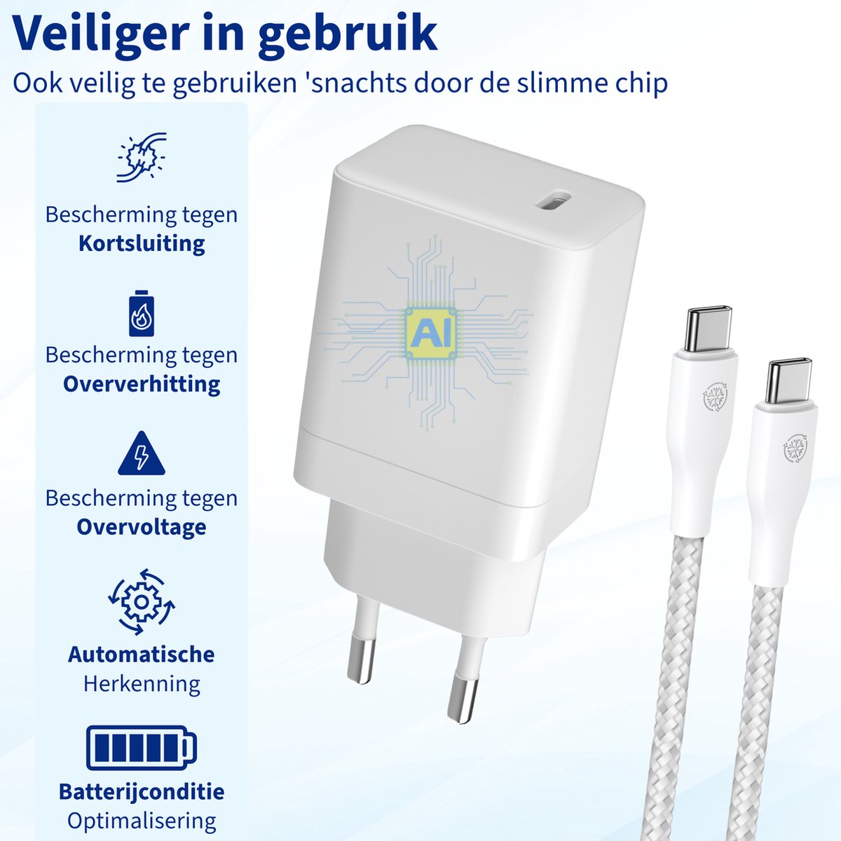 65W USB-C Laptop Oplader Snellader met 2m Kabel - Geschikt voor Dell, Lenovo, HP, MacBook, iPhone 15, Samsung Galaxy - Afbeelding 5