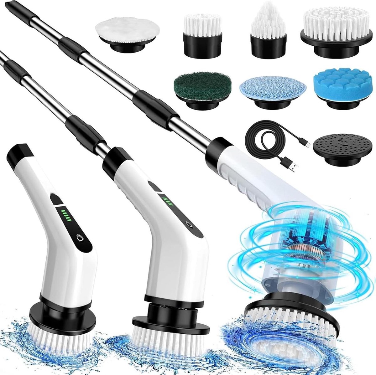 Goedkoopste Elektrische reinigingsborstel met 7 verwisselbare borstelkoppen - verstelbare verlenging en 2 snelheden - voor keukenvloer, badkuip, auto - wit. schrobber met steel
