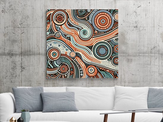 Abstract aboriginal schilderij | Inheems mysterie: een moderne interpretatie van traditionele Aboriginal kunst | Kunst - 60x60 centimeter op Canvas | Foto op Canvas