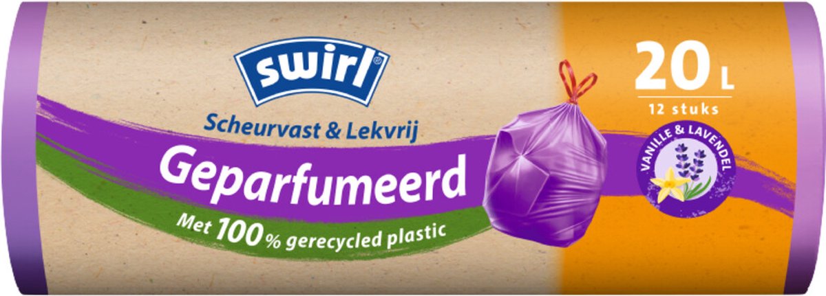 Goedkoopste Swirl Vuilniszakken 20 Liter | Trekband | 144 Zakken | 100 Gerecycled LDPE | 38 My | 45x50 cm - Swirl Pedaalemmerzakken Geparfumeerd met Trekband 20L