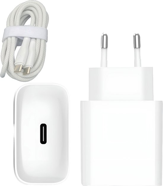 USB C Adapter met USBC naar USB C Kabel 1 Meter - 25W Super Fast Charge - Geschikt voor Samsung Snellader - Wit
