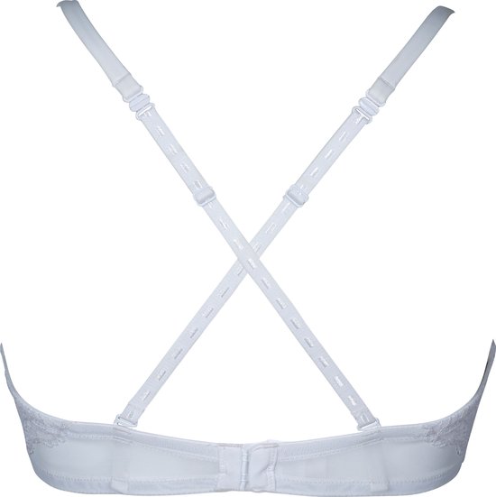 Achterkant van een witte strapless BH met gekruiste, verstelbare bandjes en kanten details.