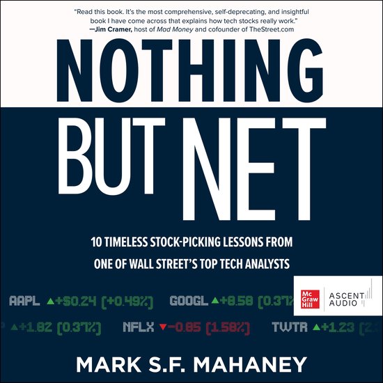 Boekomslag van 'Nothing But Net' met de titel in grote witte letters op een donkerblauwe achtergrond. Bevat citaten en beursinformatie.