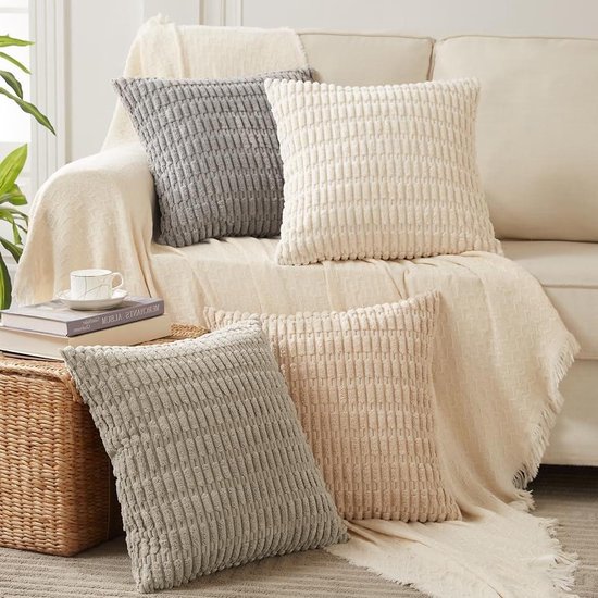 Set van 4 boho-kussenslopen 40 x 40 cm - neutraal pluizig corduroy - kussenovertrek decoratieve kussensloop - bankkussen sierkussen - decoratie voor bank slaapkamer woonkamer - grijs taupe binnenkussen 40x40