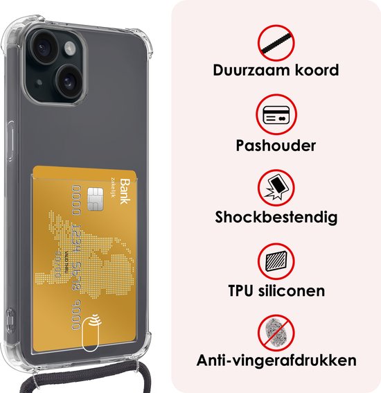 Coque adaptée pour iPhone 15 avec porte-cartes et cordon résistant aux chocs, coque en Siliconen avec cordon de téléphone et porte-cartes – Transparent – ​​Lot de 2