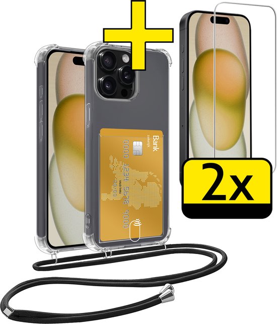 Coque pour iPhone 13 Pro avec cordon et porte-cartes avec 2 films de protection d'écran en Siliconen – Coque pour iPhone 13 Pro avec porte-cartes – Transparent