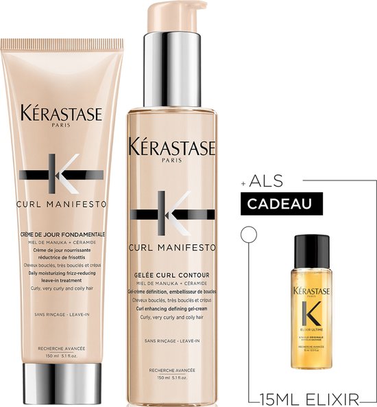 Kérastase Curl Manifesto styling duo: leave-in conditioner crème en styling gel-crème, met 15ml Elixir Ultime olie als cadeau.