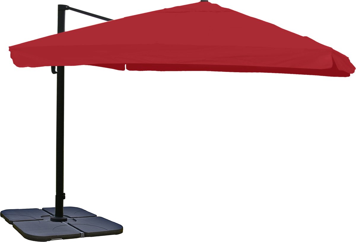 Zweefparasol MCW-A96, horeca, 3x3m (Ø4,24m) polyester aluminium/staal 23kg ~ Flap, bordeaux met voet, draaibaar