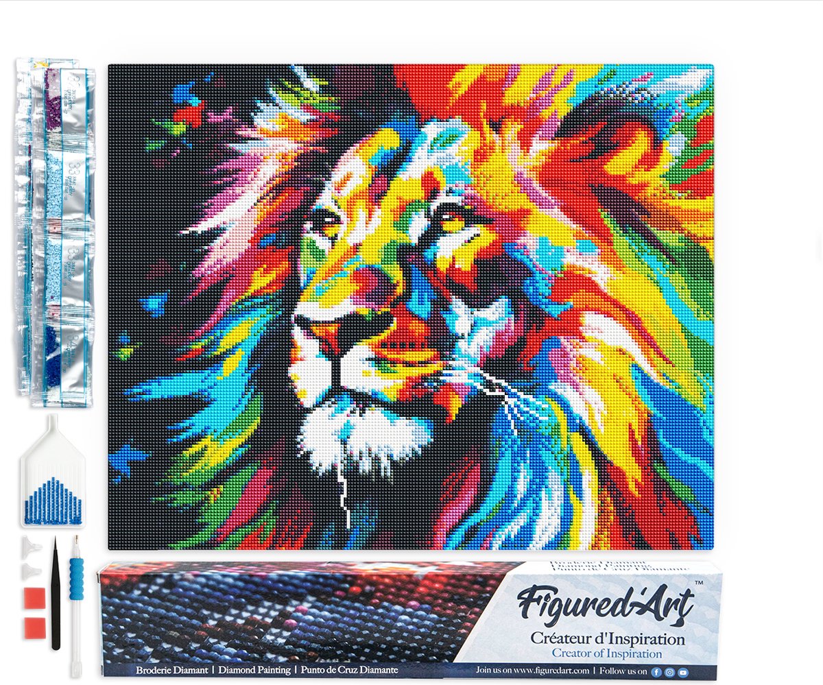 Figured'Art Diamond Painting set Volwassenen 40x50 cm Kleurrijke Abstracte Leeuw - 5D DIY Art full drill vierkante diamant - Opgerold canvas