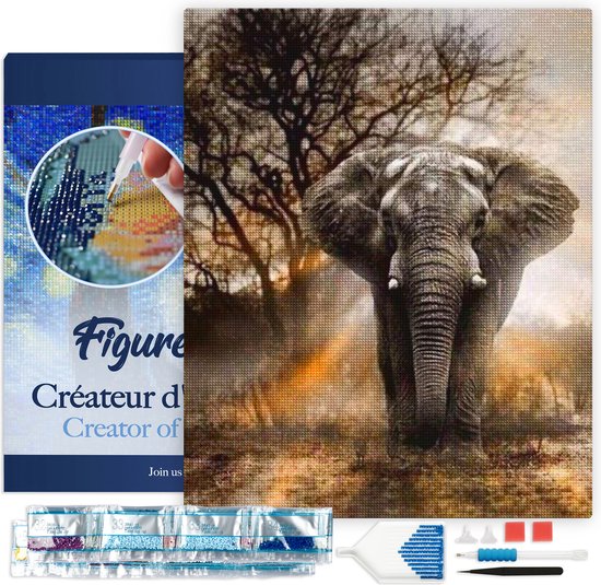Figured' Art Diamond Painting Set Adultes 40x50 cm avec cadre Éléphant dans la savanne - 5D DIY Art Full Drill Square Diamond - Toile déjà encadrée