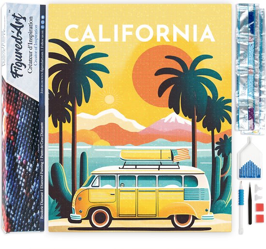 Figured'Art Diamond Painting set Volwassenen 40x50 cm Reisposter Californië - 5D DIY Art full drill vierkante diamant - Opgerold canvas