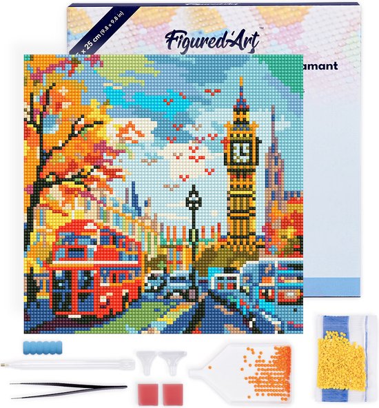 Figured'Art Mini Diamond Painting set Volwassenen 25x25 cm met lijst Herfst in Londen Stad - 5D DIY Art full drill ronde diamant - Canvas al ingelijst