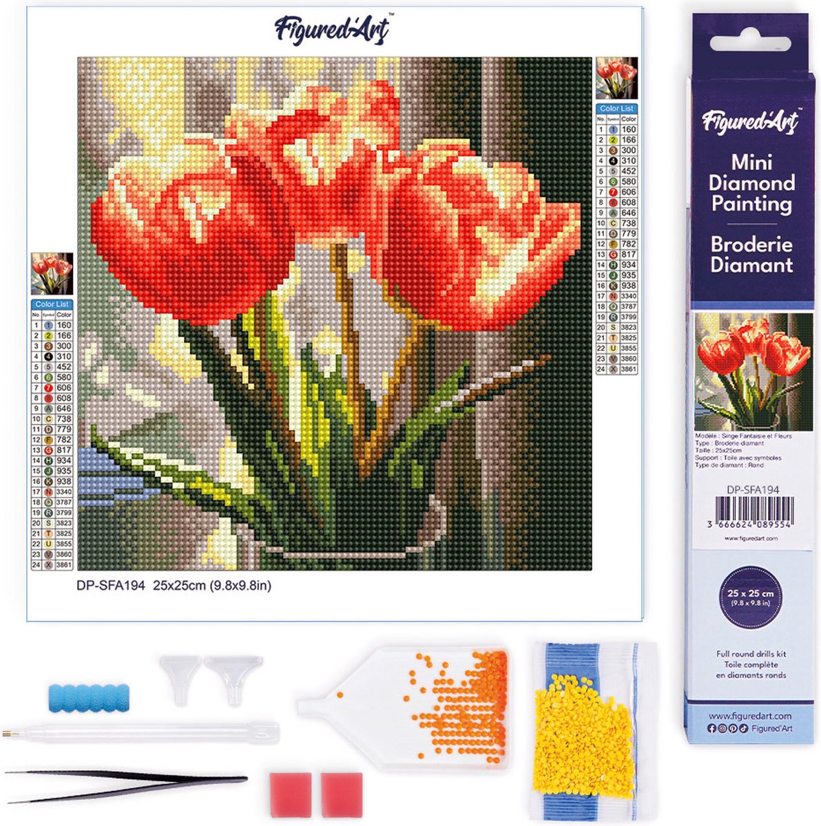 Figured'Art Mini Diamond Painting set Volwassenen 25x25 cm Perzikkleurige Tulpen - 5D DIY Art full drill ronde diamant - Opgerold canvas