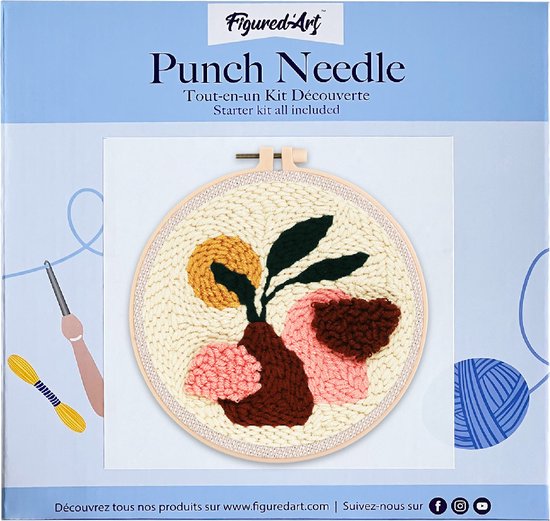 Figured'Art Punch Needle Kit voor Volwassenen en Kinderen - Bruine potplant - Perfect voor Beginners. Compleet klaar-om-te-borduren set, maat 20x20 cm met ronde frame