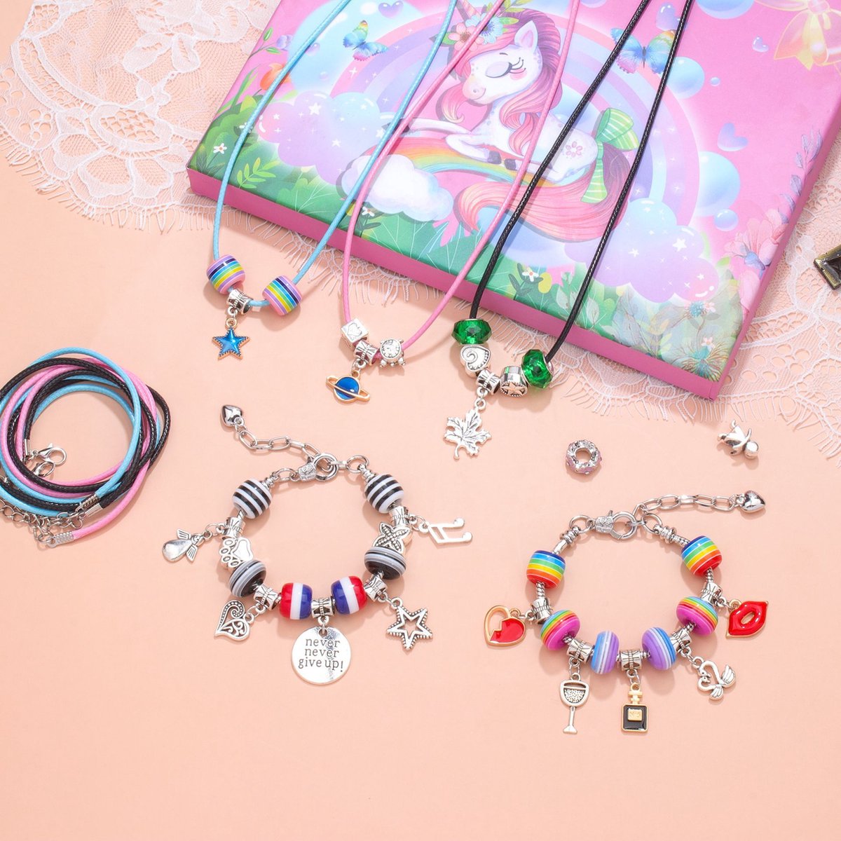 Sieradenset Meisje(128pcs) -DIY sieradendoos -Kettingen armbanden zelf maken - sieraden DIY knutselset voor kinderen - bedelarmbandkit doe-het-zelf kindersieraden, knutselen, kinderspeelgoed(5-12 jaar)-Roze — afbeelding 11