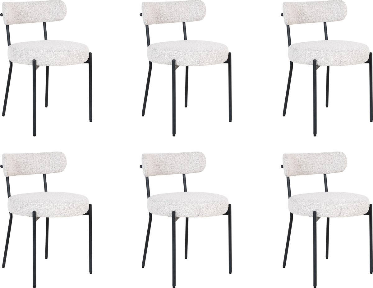 QUVIO Eetkamerstoelen Leanne - Eetkamerstoel - Bouclé - Staal - Wit - Set van 6