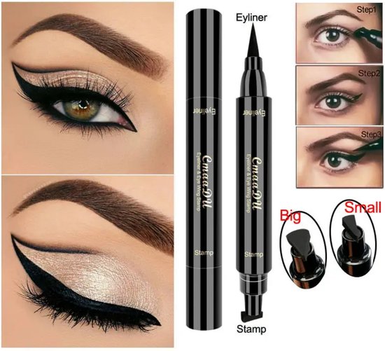 Zwarte 2-in-1 eyeliner met wing-stempel, instructiefoto's voor aanbrengen en close-ups van de stempelvormen.
