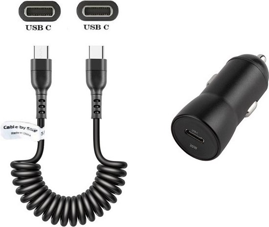 OneOne auto snellader + 0,4m spiraalkabel USB C naar C. 20 Watt lader. Autolader adapter past op Samsung Galaxy S10, S10e, S20, S21, S22, S23, S24, S25, S26 (Edge, FE, Lite, Plus +, Ultra)