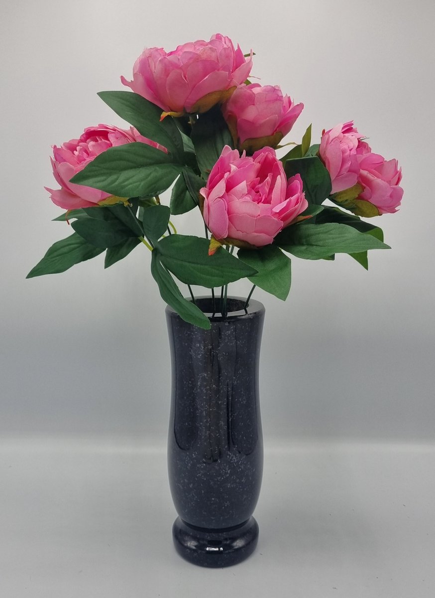 Boeket, Pioenroos, U086-m4, 40cm, Donker Roze, 7 bloemen, Grafdecoratie, Zijdenbloemen, Kunstbloemen