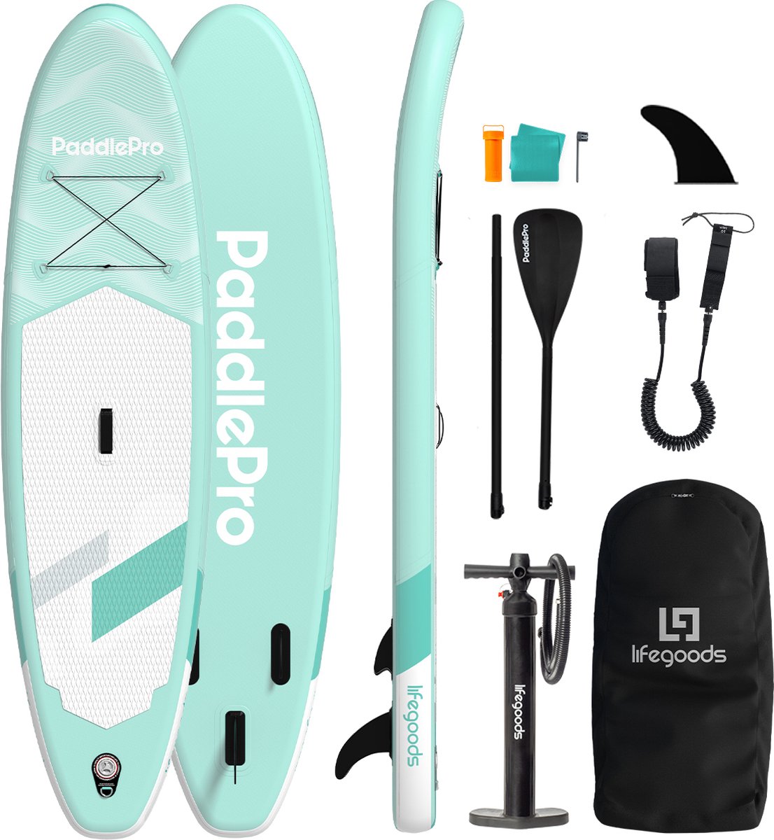 LifeGoods SUP Board Allround Compact - 100 KG Draagkracht - 300 x 76 cm - Opblaasbaar - Compleet SUP pakket - Mintgroen
