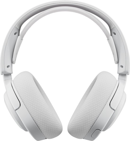 Witte gaming headset, van bovenaf gezien, met gedetailleerde oorkussens en een verstelbare hoofdband.