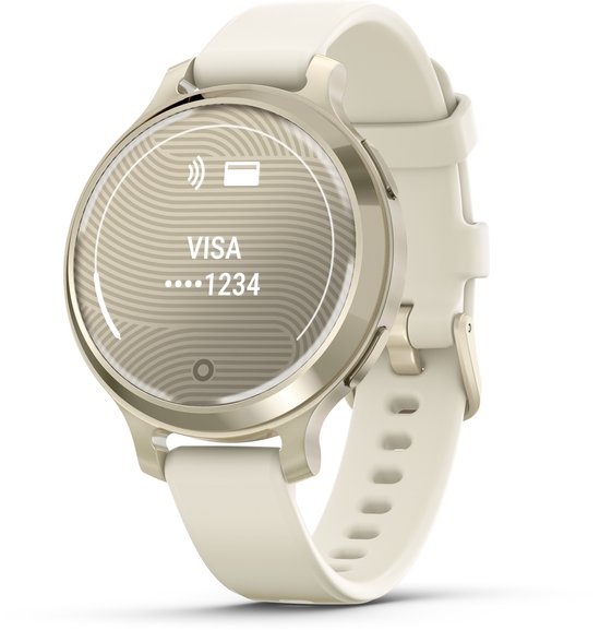 Gouden smartwatch met wit bandje. Scherm toont "VISA ...1234".