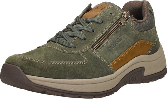 Groene suède sneaker met bruine leren accenten, ritssluiting en veters.