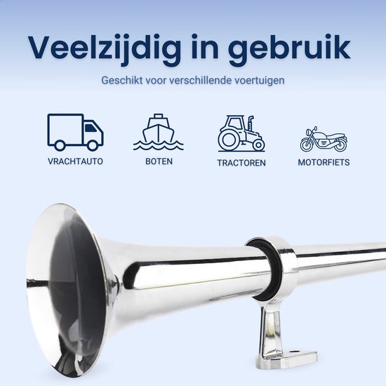 Verchroomde luchthoorn met tekst 'Veelzijdig in gebruik' en iconen van vrachtwagen, boot, tractor, motor.