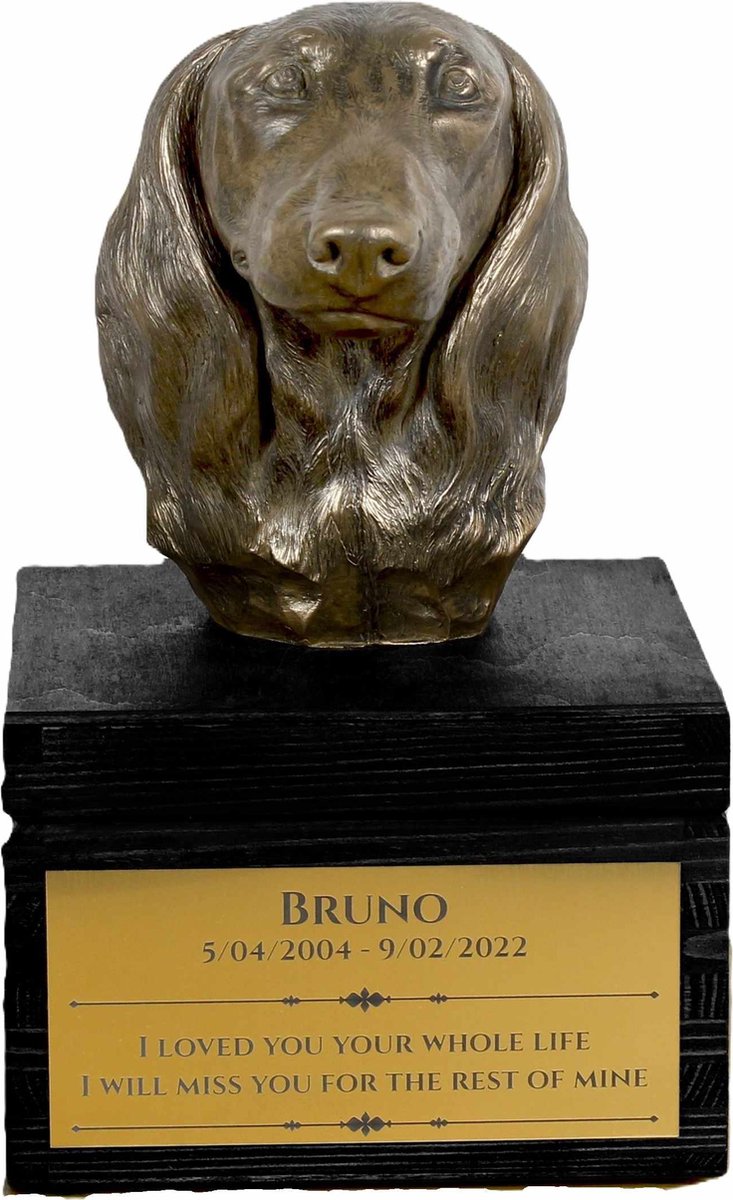 Urn hond met gravure en sculptuur van een Draadhaar Teckel, handgemaakt.
