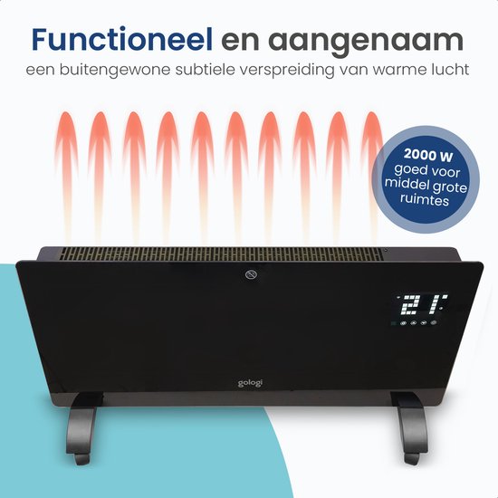 Gologi Elektrische Kachel - Verwarming elektrisch - Convectorkachel met thermostaat - Werkt via App en touch bediening - Tot 25m2 - 2000 watt - Zwart