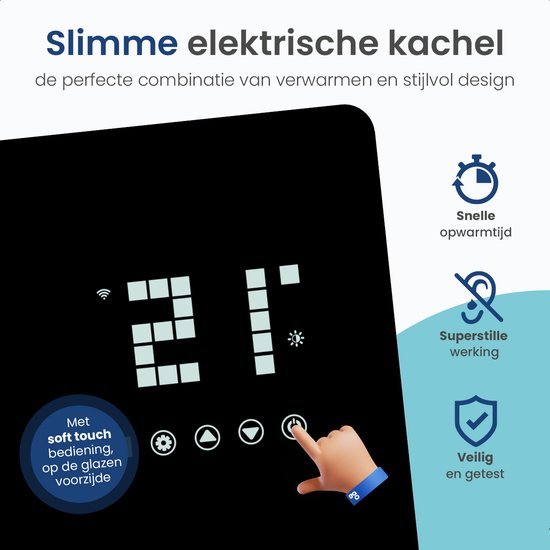 Gologi Elektrische Kachel - Verwarming elektrisch - Convectorkachel met thermostaat - Werkt via App en touch bediening - Tot 25m2 - 2000 watt - Zwart