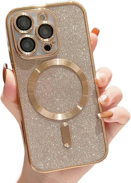 Gouden glitter case met magneetring voor iPhone.