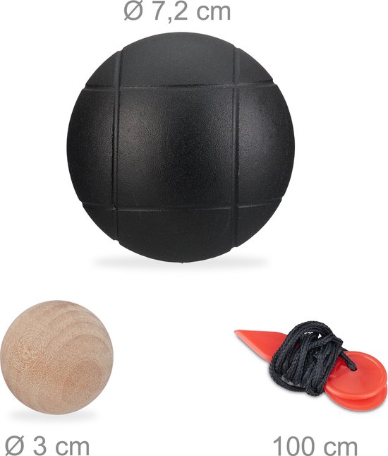 Relaxdays jeu de boules set, 6 metalen ballen : 7,2 cm met but, meetlint en koffer, petanque accessoires, natuur/zilver