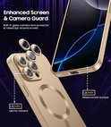 Gouden telefoonhoes voor iPhone 16 Pro Max met verhoogde randen rond camera en scherm van 1,3 mm.
