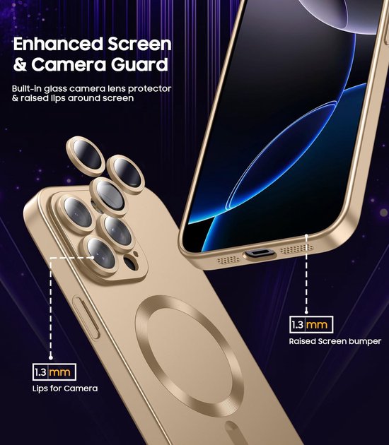 Gouden telefoonhoes voor iPhone 16 Pro Max met verhoogde randen rond camera en scherm van 1,3 mm.