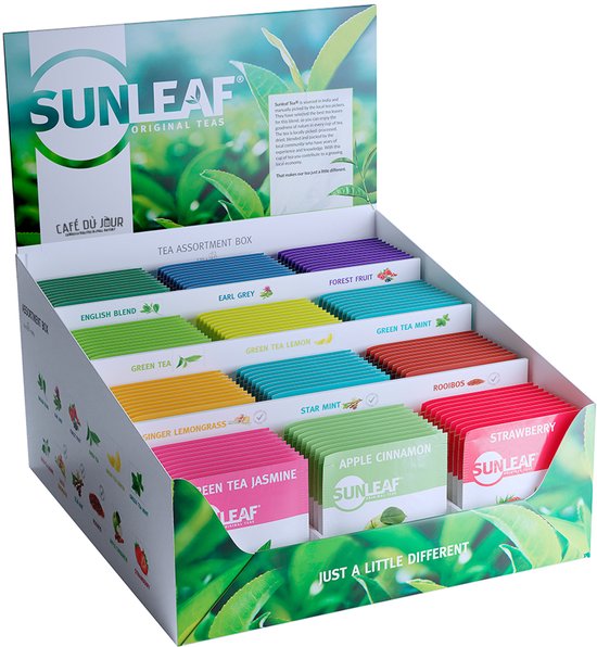 Présentoir de 120 sachets de thé Sunleaf en 10 variétés, avec les logos et noms des thés.