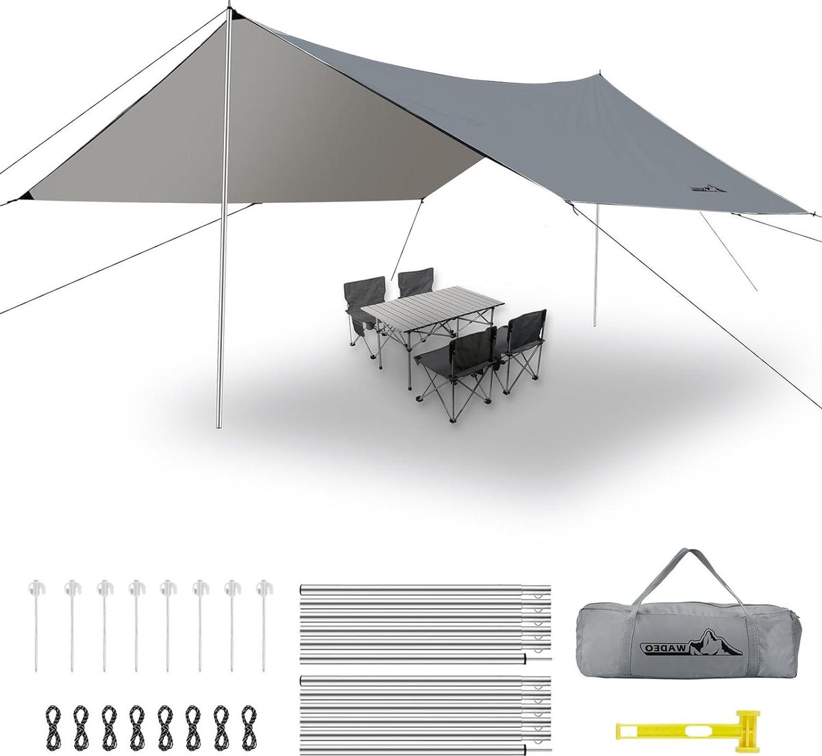 Tentzeil Waterdicht Anti-uv 36 X 48m - Camping Tarpaulin met Stokken - Fluorescerende Tent Peg - Scheerlijnen - Ultralight voor Kamperen Wandelen Picknick - Grijs