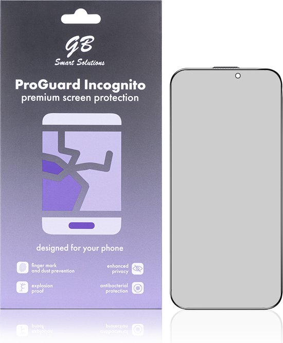Verpakking van "ProGuard Incognito premium screen protection" met pictogrammen en een privacy screenprotector ernaast.
