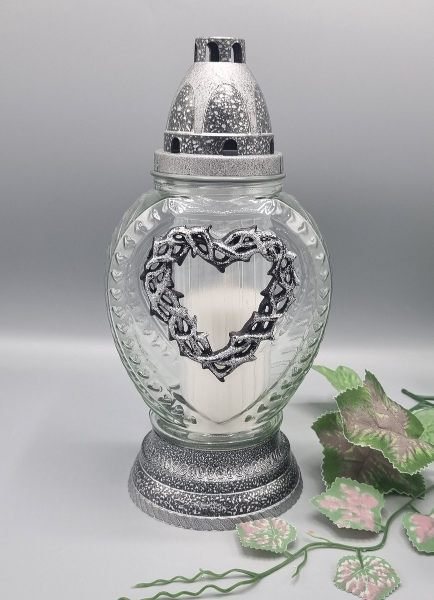 Herdenkingslicht - R19a - Zilver - Glas - Hart - Grafkaars – Graflicht – Graflantaarn – Grafdecoratie - Windlicht