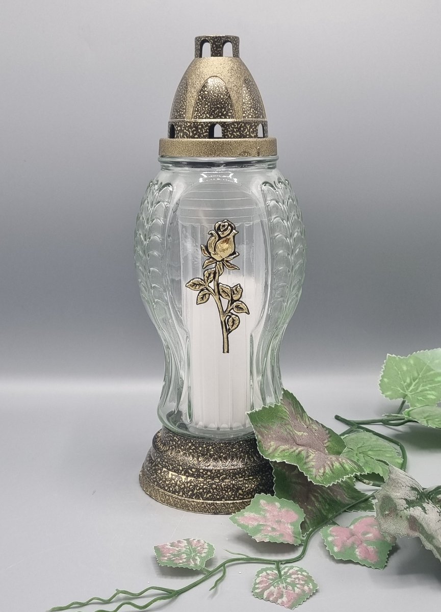 Lubema Herdenkingslicht - R509b - Goud - Roos - Grafkaars – Graflicht – Graflantaarn – Grafdecoratie - Windlicht