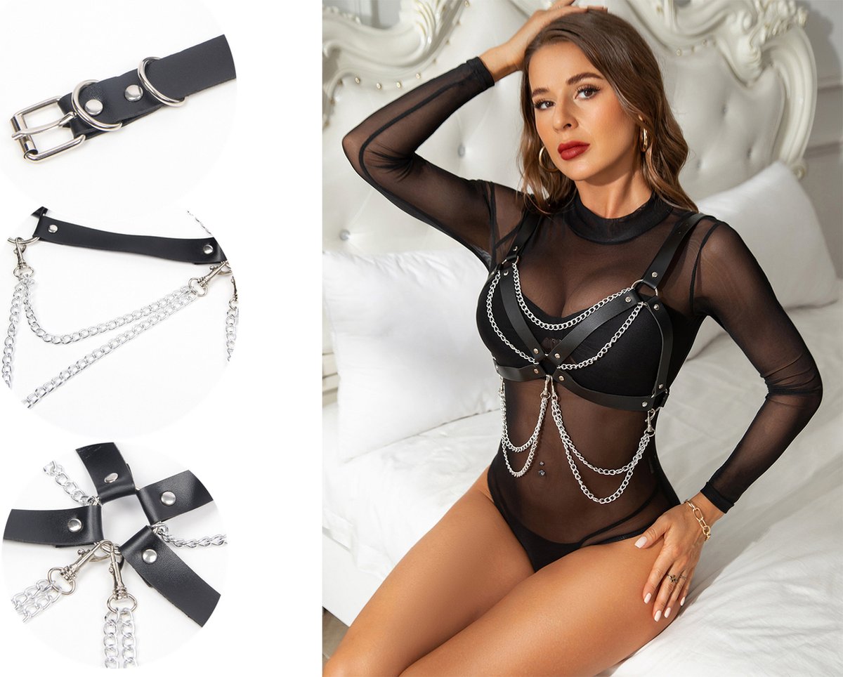 Goedkoopste Zwarte ketting BH - PU - verstelbaar - chain bra - borstharnas - body chain - borstversiering - body sieraad - body harnas - kinky - sexy accessoire