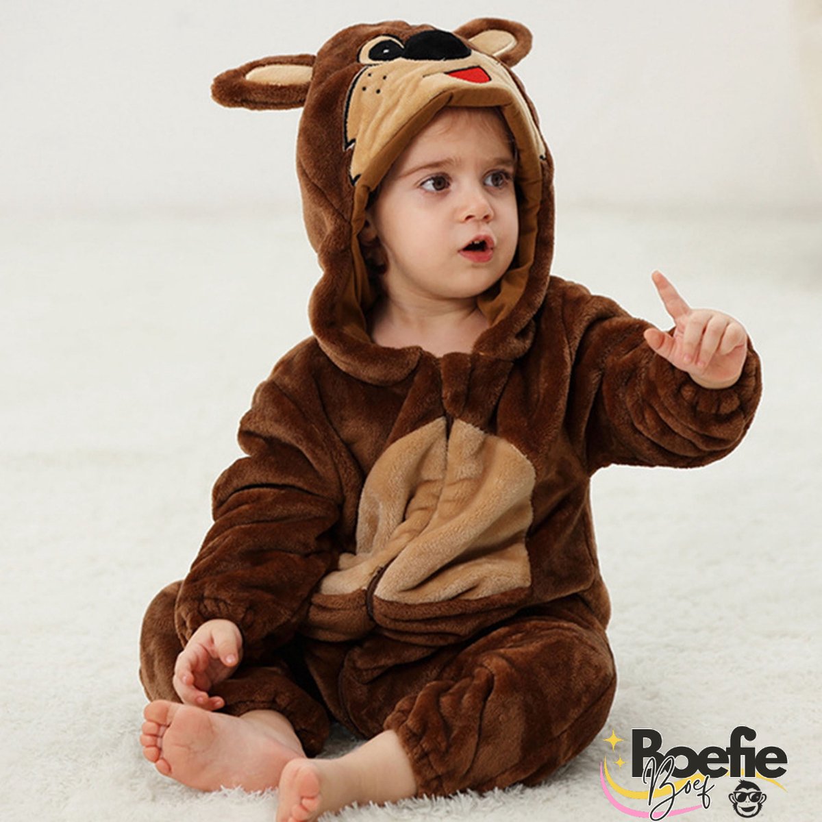 BoefieBoef Dieren Baby Onesie Peuter Pyjama Kinderen 6 maanden tot 2 jaar – Verkleedkleding met Luierrits – Carnaval Dierenpak - Halloween en Kraamcadeau Tip – Zacht Flanel - Romper - Boxpak - Jongens - Meisjes - Kruippak - Kangoeroe - Bruin — afbeelding 10