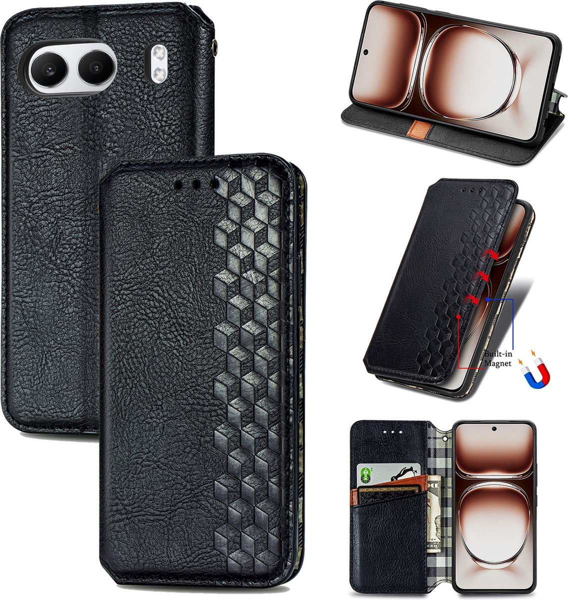 Luxe PU Lederen Ruitpatroon Wallet Case + Glas Screenprotector voor OnePlus Nord 4 _ Zwart