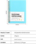 Een lichtblauw, spiraalgebonden wachtwoordenboekje van 10,8 x 14,5 cm met de tekst 'Password Keeper Book'.